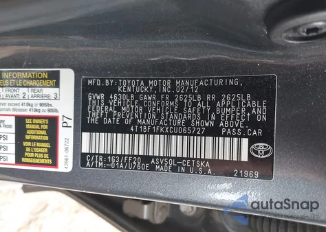 2012 Toyota Camry Se z USA, uszkodzony, nr VIN 4T1BF1FKXCU065727